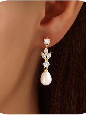 Pearl Drop Earrings | 14K Gold Plated | Trendy Diamond Accent